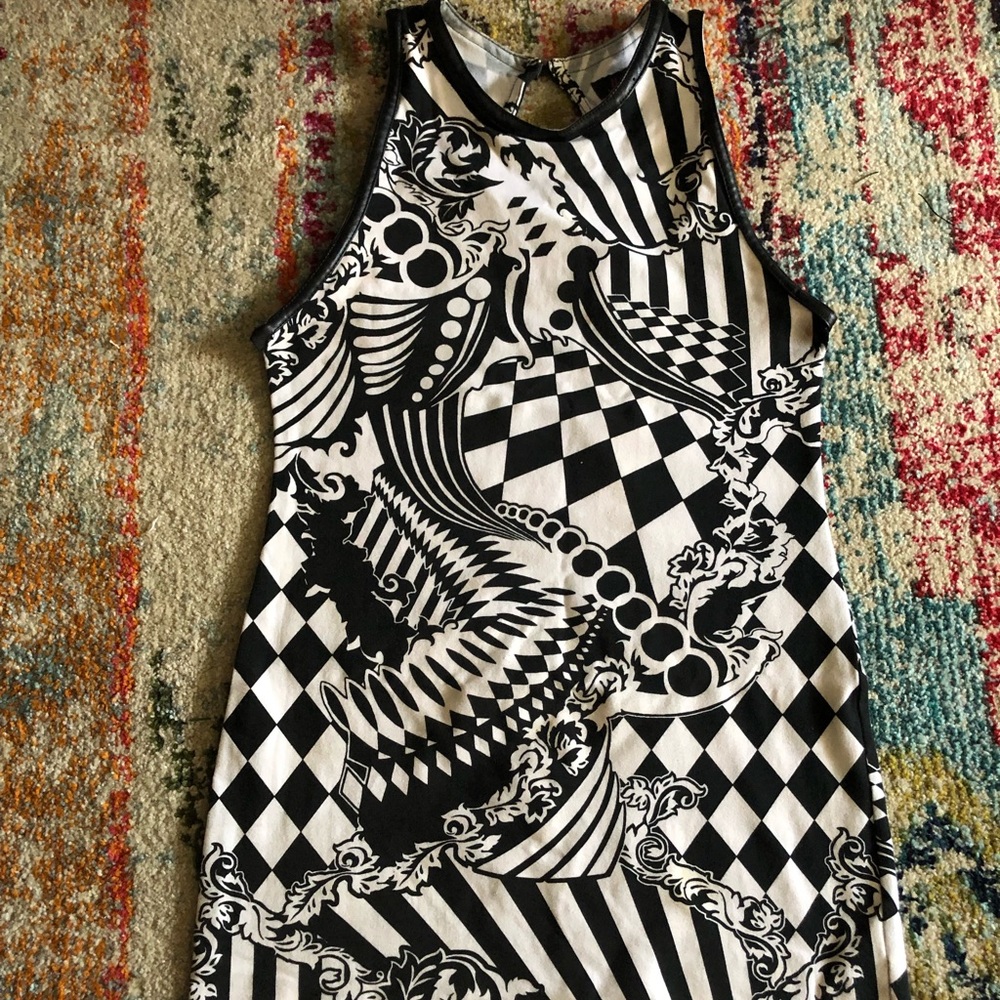 Abstract print mini dress with leather trim
